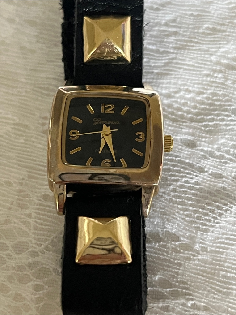 Geneva Gold-Tone Square Case Watch with Black Strap